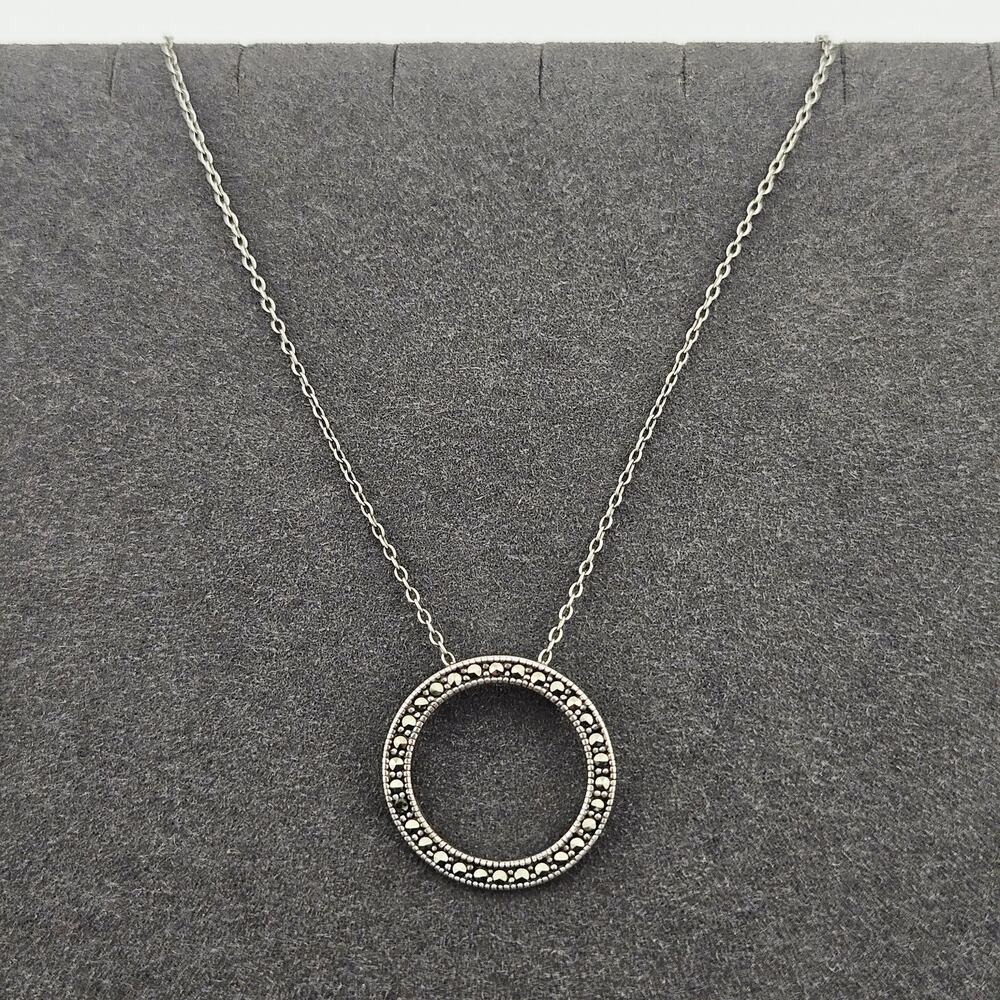 Silver Pave Circle Pendant On Silver Chain Crystal Embellished Ring Donut Simple